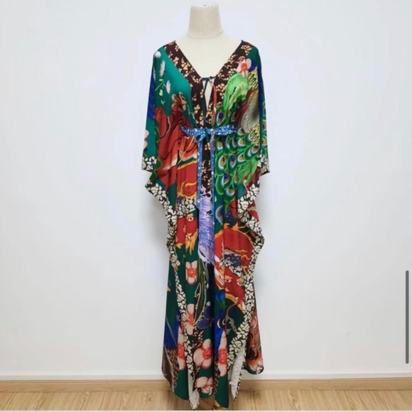 Bohemian Colorful Peacock Dragon Kimono Duster w/Sash Tie festival kaftan dress - Picture 6 of 8